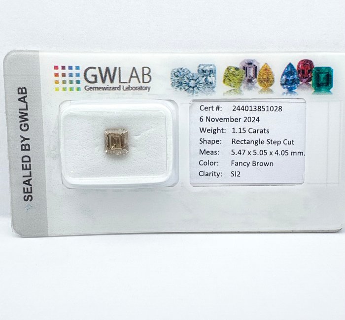 Ingen mindstepris - 1 pcs Diamant  (Naturfarvet)  - 1.15 ct - Rektangel - Fancy Brun - SI2 - Gemewizard Gemological Laboratory (GWLab)