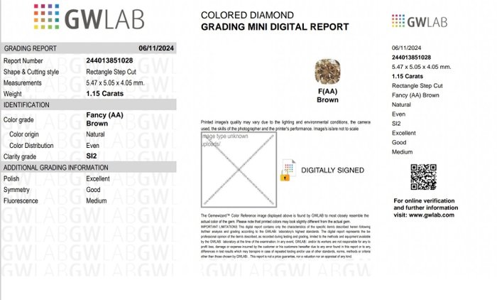 Ingen mindstepris - 1 pcs Diamant  (Naturfarvet)  - 1.15 ct - Rektangel - Fancy Brun - SI2 - Gemewizard Gemological Laboratory (GWLab)