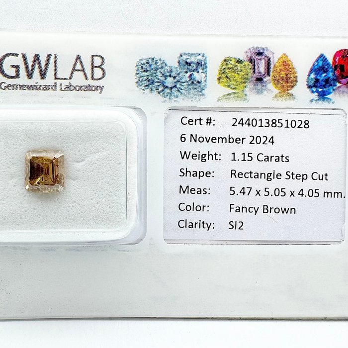 Ingen mindstepris - 1 pcs Diamant  (Naturfarvet)  - 1.15 ct - Rektangel - Fancy Brun - SI2 - Gemewizard Gemological Laboratory (GWLab)