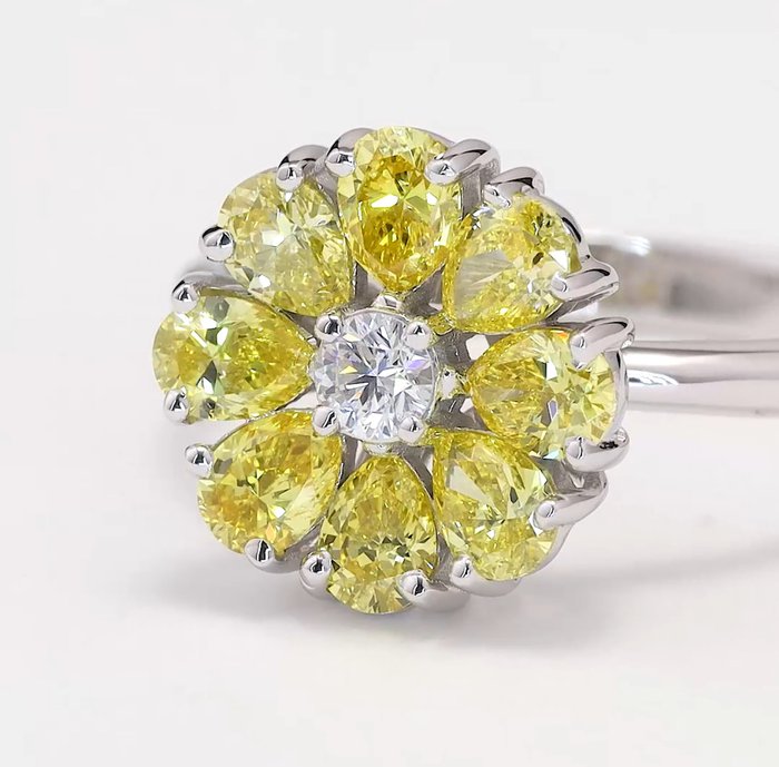 Ring - 14 karat Hvidguld -  1.30ct. tw. Diamant (Laboratoriedyrket) - Diamant - Blomsterring