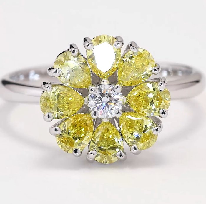 Ring - 14 karat Hvidguld -  1.30ct. tw. Diamant (Laboratoriedyrket) - Diamant - Blomsterring