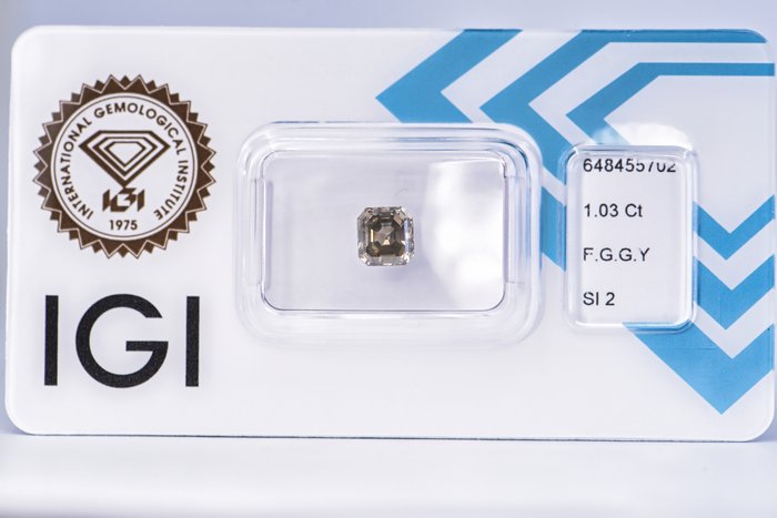 Ingen mindstepris - 1 pcs Diamant  (Naturfarvet)  - 1.03 ct - Smaragd - Fancy Grå, Grønlig Gul - SI2 - International Gemological Institute (IGI)