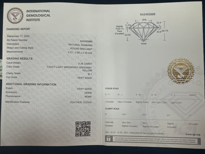 Ingen mindstepris - 1 pcs Diamant  (Naturfarvet)  - 0.36 ct - Rund - Fancy light Brunlig, Grønlig Gul - SI1 - International Gemological Institute (IGI)