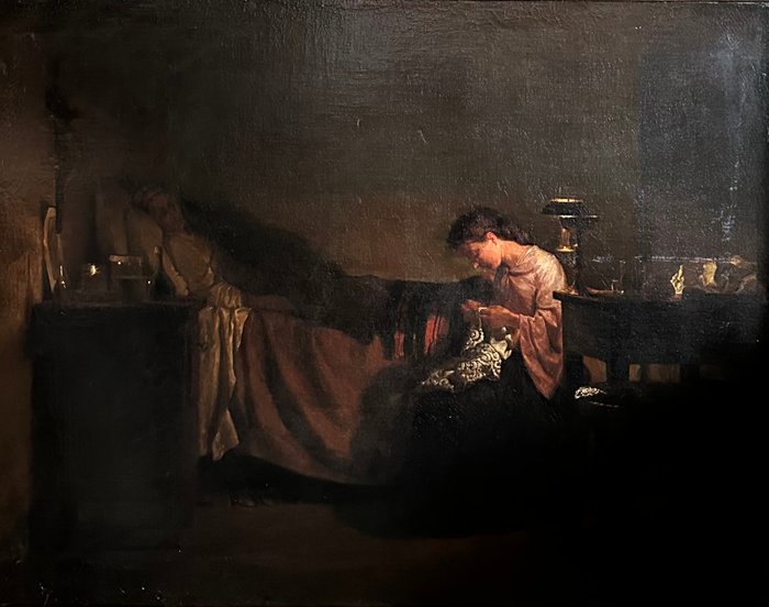 Francesco Autoriello 1824-1894 - A Lady Mending Lace at The Bedside Of Her Mother