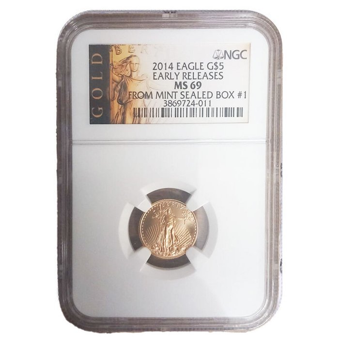 Förenta staterna. 2014 1/10 oz $5 USD American Gold Eagle NGC Early Releases MS 69 (From Mint Box #1)