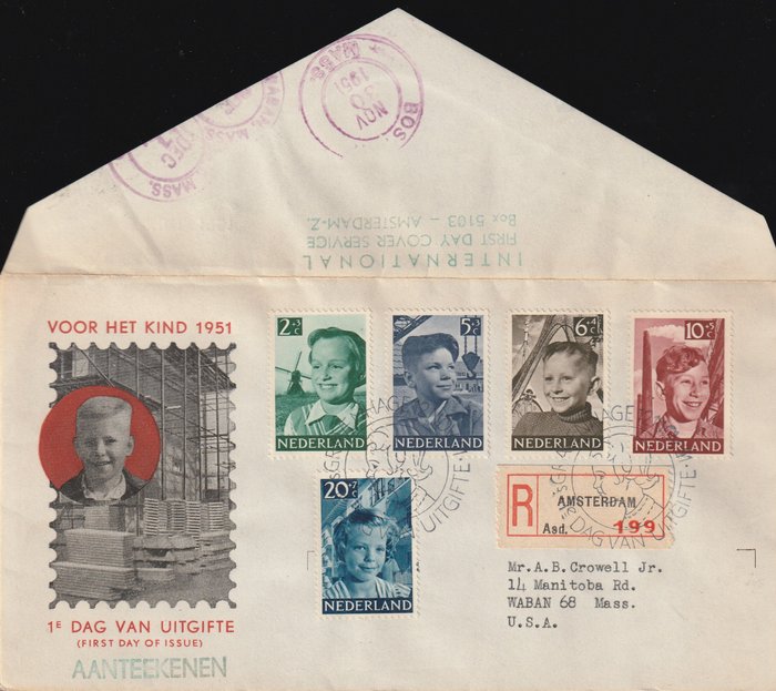 Holland 1951 - E 6, "Kind", getypt adresse en een åben klep.