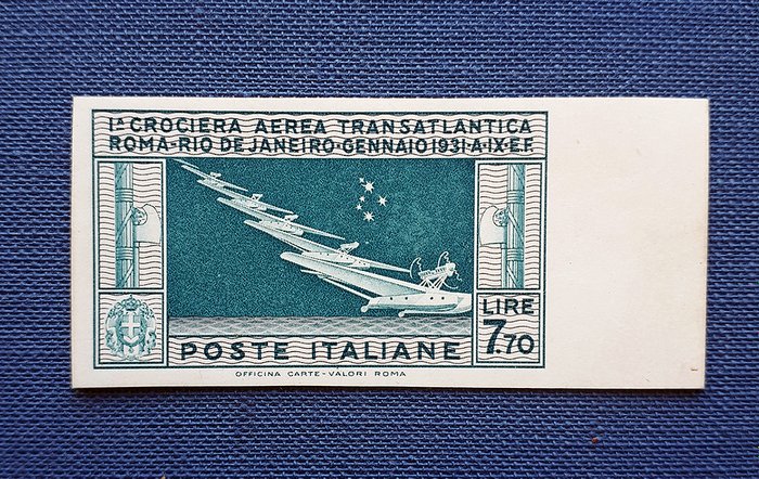 Italien Kongerige 1930 - Transatlantisk krydstogt arkivbevis for den lyseblå og grå Lire 770 - NP25