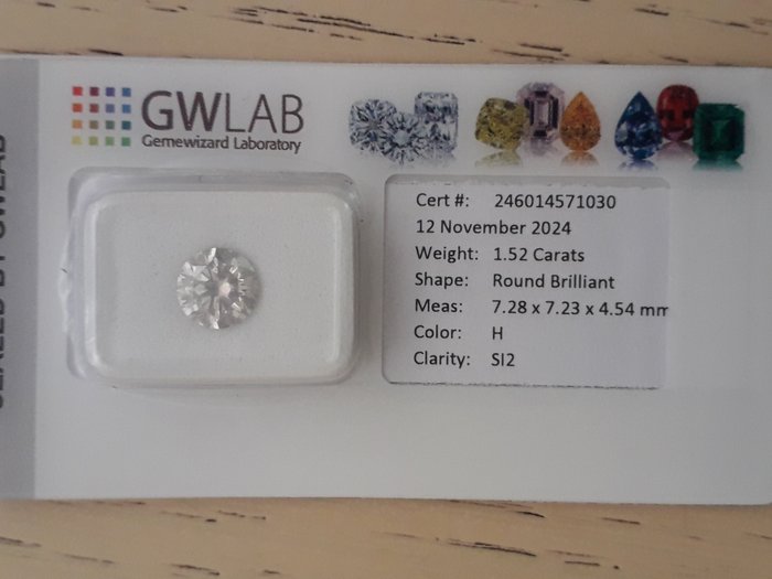 Ingen mindstepris - 1 pcs Diamant  (Natur)  - 1.52 ct - Rund - H - SI2 - Gemewizard Gemological Laboratory (GWLab)