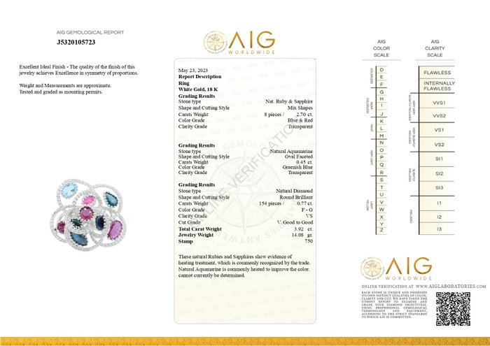 Ring - 18 kraat Hvidguld Safir - Diamant