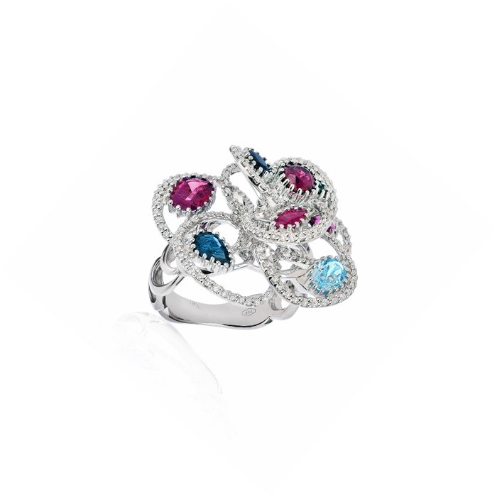 Ring - 18 kraat Hvidguld Safir - Diamant