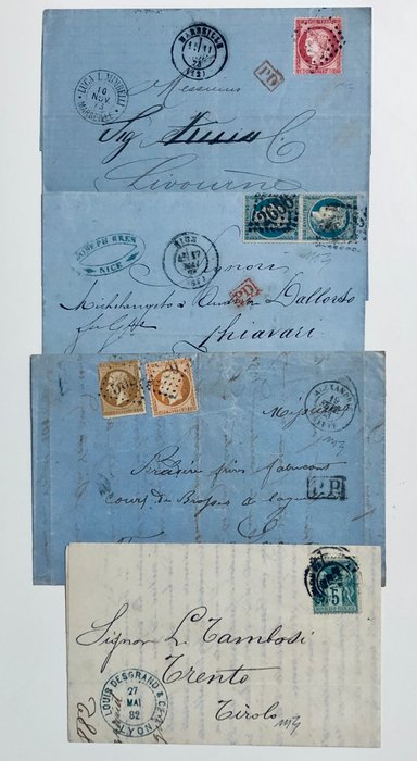 Frankrig 1868/1870 - Francia 1865/1890 lotto 4 lettere interessanti x Italia, Alessandria Egitto ,x Østrig