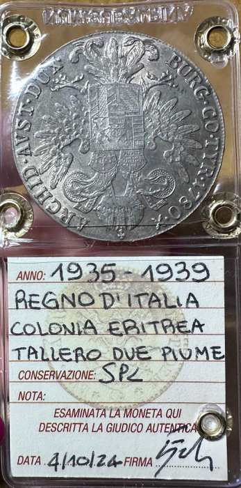 Eritrea, Italien. Vittorio Emanuele III. Tallero 1935/1939 “Due Piume"  (Ingen mindstepris)