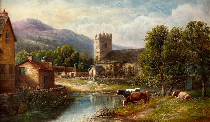 Henry Harris (1852-1926) - Cattle watering by a stream with church beyond