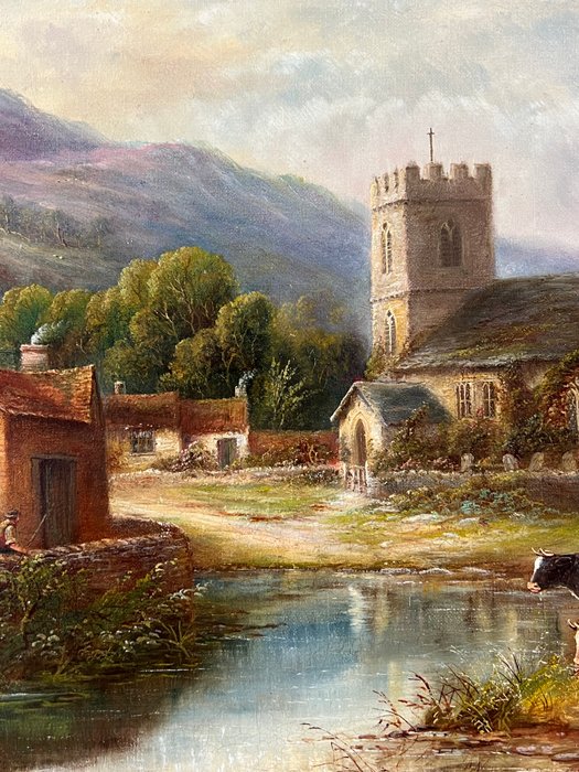 Henry Harris (1852-1926) - Cattle watering by a stream with church beyond