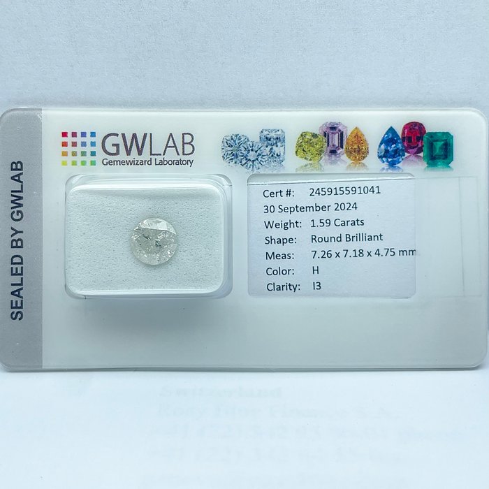 Ingen mindstepris - 1 pcs Diamant  (Natur)  - 1.59 ct - Rund - H - I3 - Gemewizard Gemological Laboratory (GWLab)