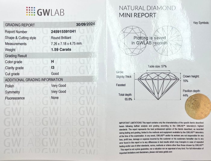 Ingen mindstepris - 1 pcs Diamant  (Natur)  - 1.59 ct - Rund - H - I3 - Gemewizard Gemological Laboratory (GWLab)