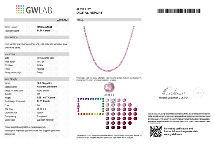 Halskæde - 14 karat Hvidguld -  10.51ct. tw. Safir - GWLab