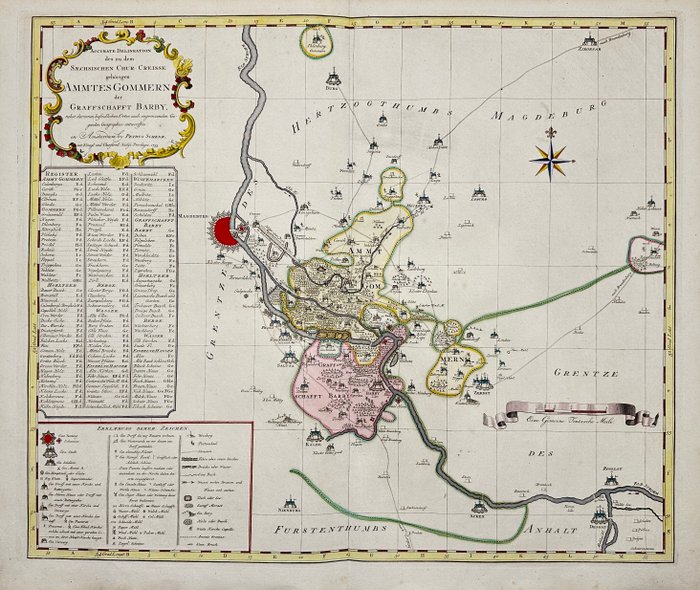 Tyskland - Sachsen-Anha - Amt Gommern - Grafschaft Barby - Magdeburg; Pieter Schenk the Younger (1693–1775) - Accurate Delineation des zu dem Saechsischen Chur-Creisse gehörigen AMMTES GOMMERN der GRAFFSCHAFFT - 1751-1760