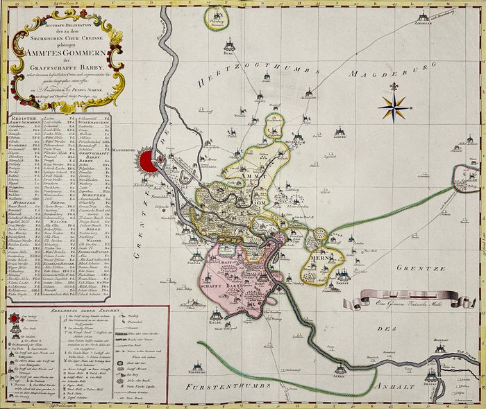 Tyskland - Sachsen-Anha - Amt Gommern - Grafschaft Barby - Magdeburg; Pieter Schenk the Younger (1693–1775) - Accurate Delineation des zu dem Saechsischen Chur-Creisse gehörigen AMMTES GOMMERN der GRAFFSCHAFFT - 1751-1760