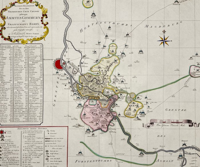 Tyskland - Sachsen-Anha - Amt Gommern - Grafschaft Barby - Magdeburg; Pieter Schenk the Younger (1693–1775) - Accurate Delineation des zu dem Saechsischen Chur-Creisse gehörigen AMMTES GOMMERN der GRAFFSCHAFFT - 1751-1760