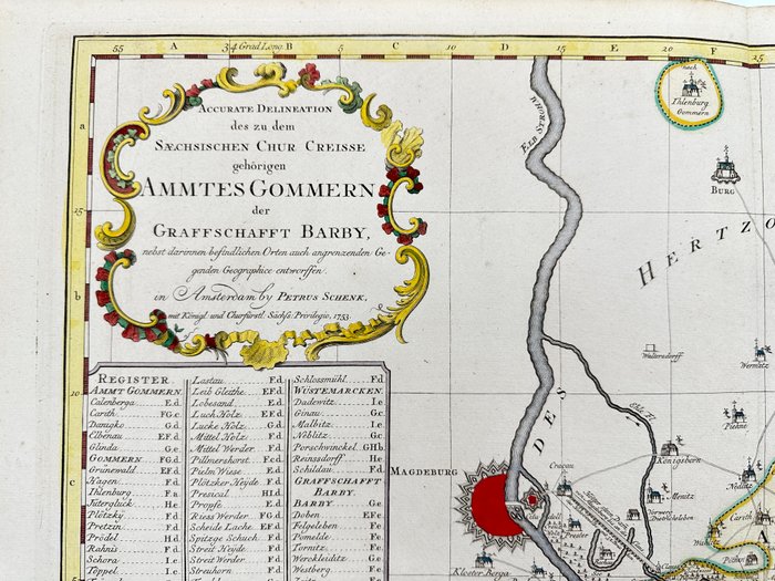 Tyskland - Sachsen-Anha - Amt Gommern - Grafschaft Barby - Magdeburg; Pieter Schenk the Younger (1693–1775) - Accurate Delineation des zu dem Saechsischen Chur-Creisse gehörigen AMMTES GOMMERN der GRAFFSCHAFFT - 1751-1760