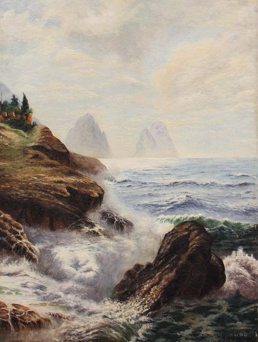 Karl Theodor Boehme (1866-1939) - Sea surf on the coast of Capri overlooking Faraglioni rocks