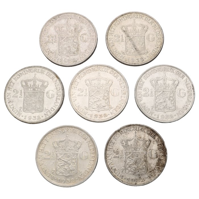 Holland. Wilhelmina (1890-1948). 2½ Gulden 1932/1938 (7 stuks)  (Ingen mindstepris)