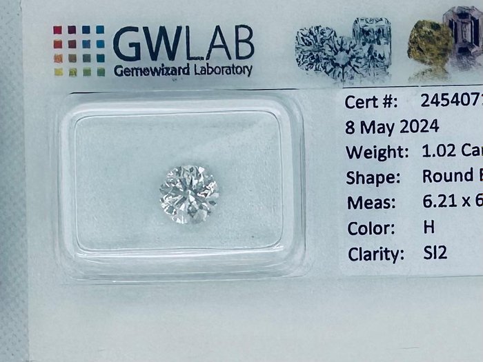 1 pcs Diamant  (Natur)  - 1.02 ct - Rund - H - SI2 - Gemewizard Gemological Laboratory (GWLab)