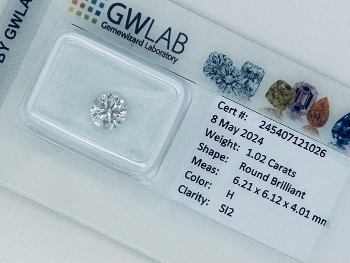 1 pcs Diamant  (Natur)  - 1.02 ct - Rund - H - SI2 - Gemewizard Gemological Laboratory (GWLab)