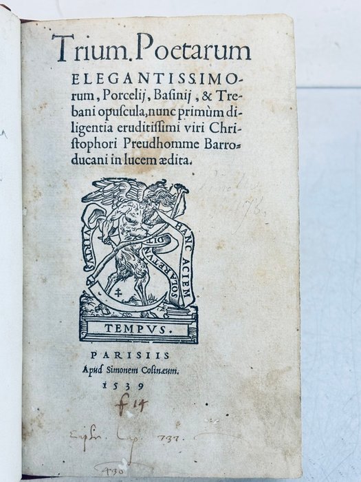 Basinio da Parma [Post-incunable] - Trium poetarum elegantissimorum Porcelii, Basinii et Trebani opuscula... Parisiis - 1539