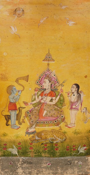 Storslået Bikaner-miniature, der skildrer Durga flankeret af sort og hvid Bhairava - 1700-tallet - Indien - Mogulriget (1526-1857)