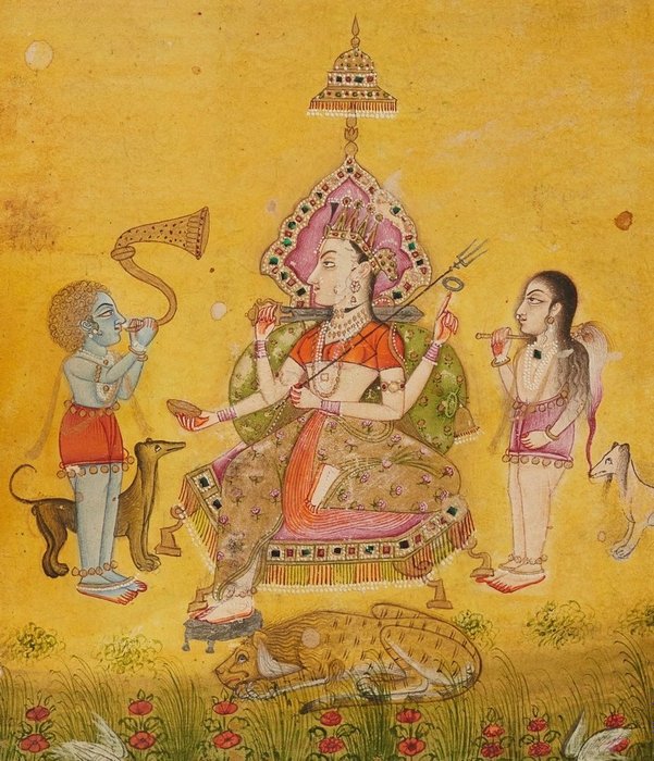 Storslået Bikaner-miniature, der skildrer Durga flankeret af sort og hvid Bhairava - 1700-tallet - Indien - Mogulriget (1526-1857)