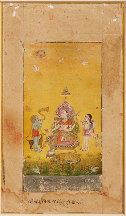 Storslået Bikaner-miniature, der skildrer Durga flankeret af sort og hvid Bhairava - 1700-tallet - Indien - Mogulriget (1526-1857)