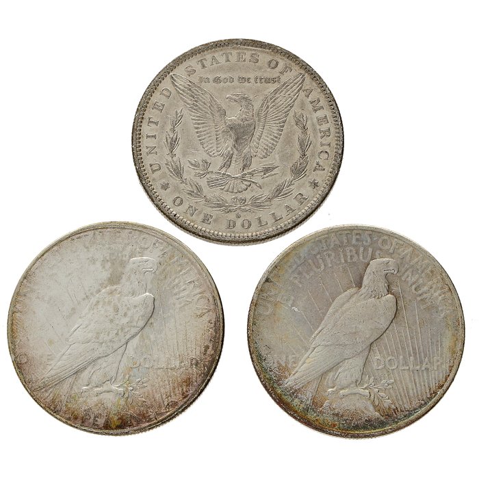 Förenta staterna. USA 1882/1925 "Morgan + Peace Dollar" (3 stuks)  (Ingen mindstepris)