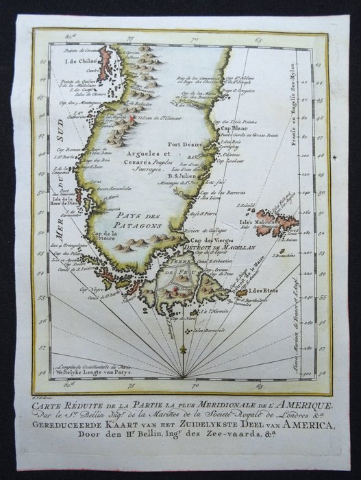 Sydamerika - Argentina / Chile / Patagonien / Islas Malvinas / (Falklandsøerne); J.N. Bellin - Carte reduitè de la partie la plus Meridionale de l'Amerique (..) / Gereduceerde Kaart van het - 1751-1760