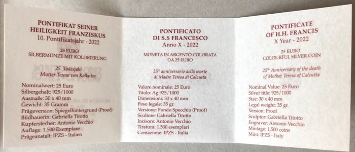 Vatikanstaten. 25 Euro 2022 "Madre Teresa di Calcutta" Proof