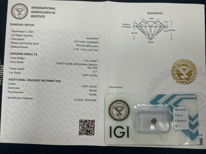 Ingen mindstepris - 1 pcs Diamant  (Naturfarvet)  - 0.32 ct - Rund - Fancy dark Brunlig, Grøn Gul - SI1 - International Gemological Institute (IGI)