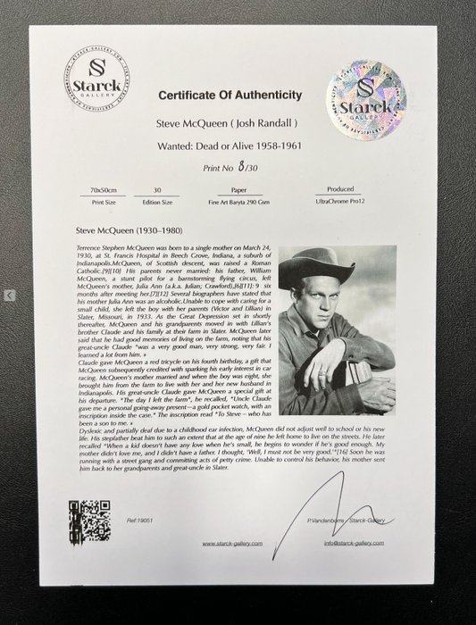 Steve McQueen ( Josh Randall ) - Wanted: Dead or Alive 1958-1961 - This Fine Art Photography is based on the original picture. This is not AI picture. - Original Certificate (COA), Hologram Logo Editor and QR Code - 100% New items.