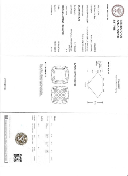 1 pcs Diamant  (Naturfarvet)  - 117 ct - SI1 - International Gemological Institute (IGI)