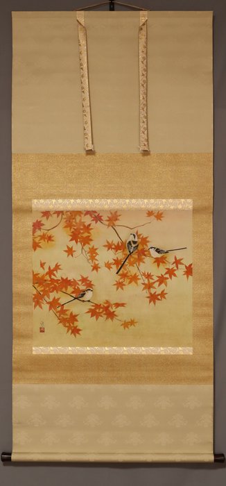 Autumn leaves and little birds - With signature Hiroshi 宏, Tomo-bako - Nonouchi Hiroshi (B1938) - Japan