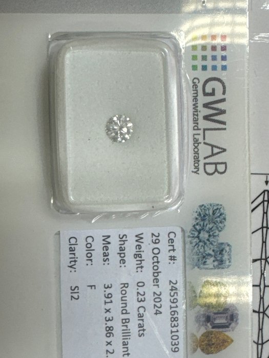 Ingen mindstepris - 1 pcs Diamant  (Natur)  - 0.23 ct - Rund - F - SI2 - Gemewizard Gemological Laboratory (GWLab)