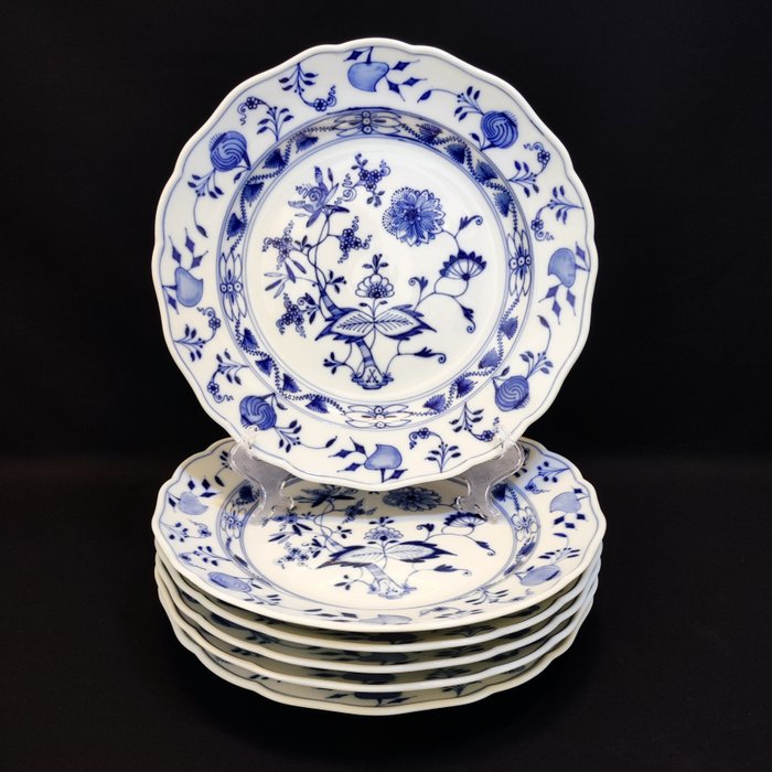 Meissen - Middagstallerken (6) - 6er Set antike große Teller Ø 24,7 cm Zwiebelmuster Neuer Ausschnitt, "Knaufzeit" - Porcelæn