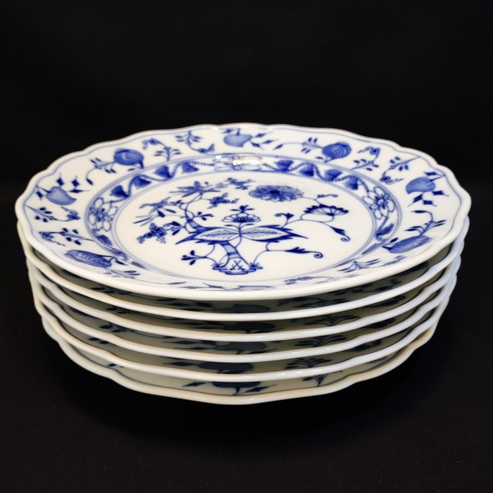 Meissen - Middagstallerken (6) - 6er Set antike große Teller Ø 24,7 cm Zwiebelmuster Neuer Ausschnitt, "Knaufzeit" - Porcelæn