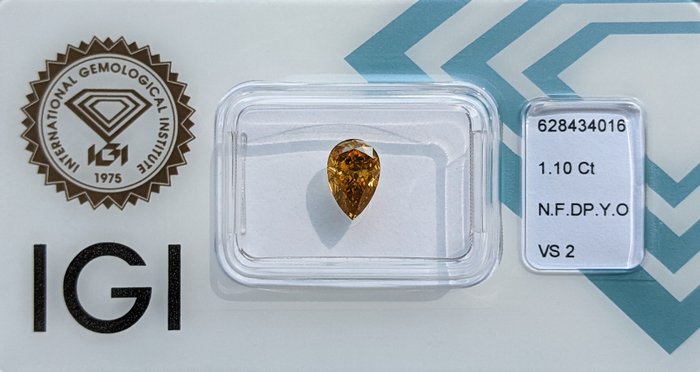 1 pcs Diamant  (Naturfarvet)  - 1.10 ct - Pære - Fancy deep Gul Orange - VS2 - International Gemological Institute (IGI)