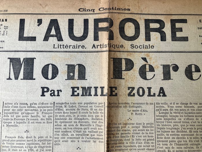 Emile Zola - Mon père / L’Aurore - 1898