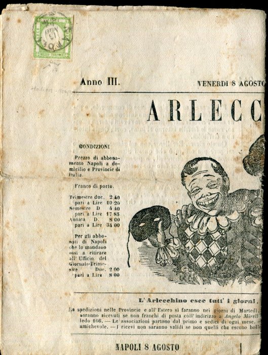 Antikke Italienske Stater - Napoli 1861 - 1/2 omgang i den politisk-satiriske avis "Arlecchino" - Sassone 17