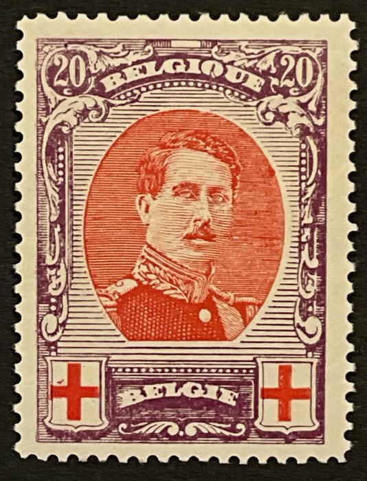 Belgien 1914/1915 - Røde Kors udgave - Albert I - 20c Violet T 12x14 - Sort "Mønster venstre lemlæstet i form 4" - OPBP 134A-V5 Varibel - OBP +730 EUR