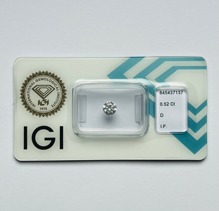 1 pcs Diamant  (Natur)  - 0.52 ct - Rund - D (farveløs) - IF - International Gemological Institute (IGI) - Ex Ex Ex