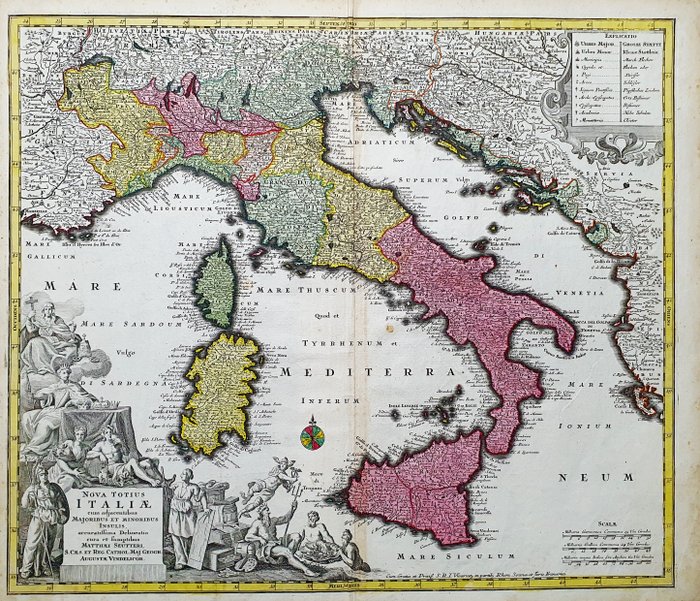 Europa - Italien / Lazio / Toscana / Sicilien / Sardinien / Rom / Milano; Matthaus Seutter - Nova Totius Italiae cum Adjacentibus Majoribus et MOnoribus Insulis Accuratissima Delineatio - 1721-1750