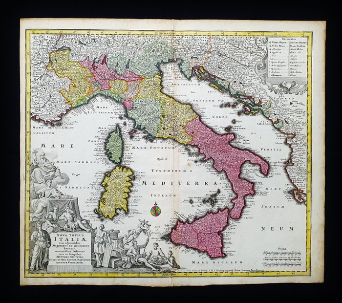 Europa - Italien / Lazio / Toscana / Sicilien / Sardinien / Rom / Milano; Matthaus Seutter - Nova Totius Italiae cum Adjacentibus Majoribus et MOnoribus Insulis Accuratissima Delineatio - 1721-1750